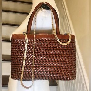 RELIC Vintage Brown Woven Leather Tote Bag w Woven Gold Shoulder Strap MINT RARE